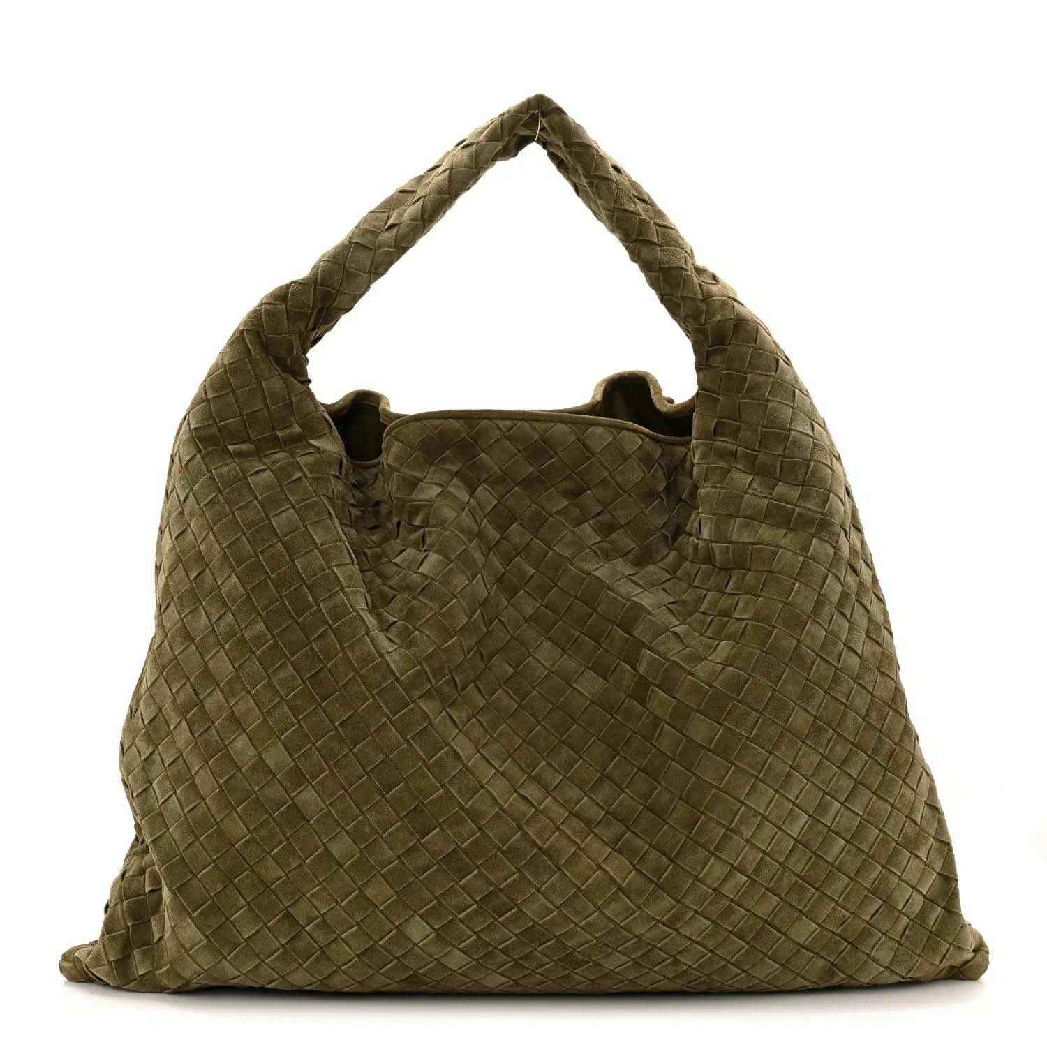 Suede intrecciato large hobo bag in mud green with woven texture and top handle
