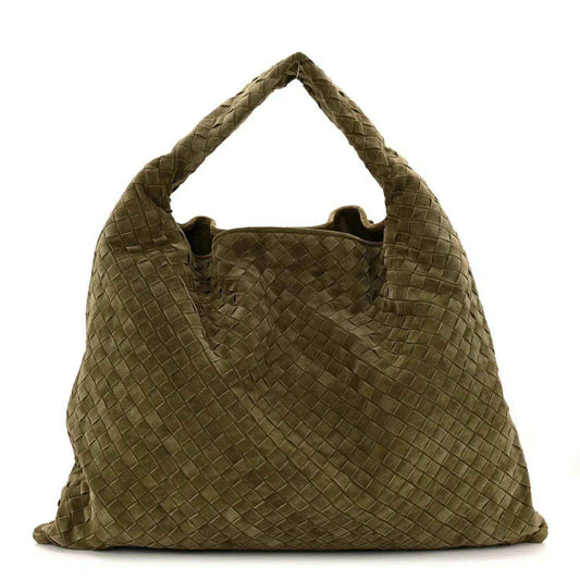 Suede intrecciato large hobo bag in mud green with woven texture and top handle