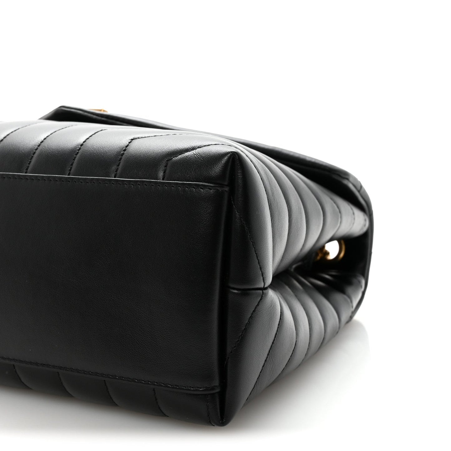 Black quilted calfskin satchel side profile with chain strap hardware