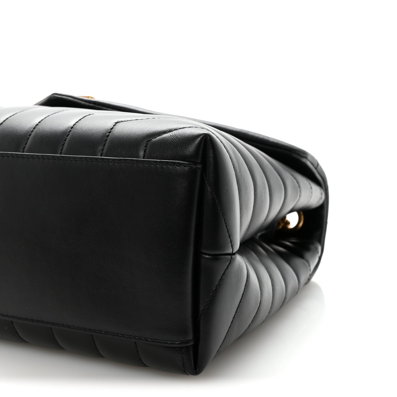 Black quilted calfskin satchel side profile with chain strap hardware