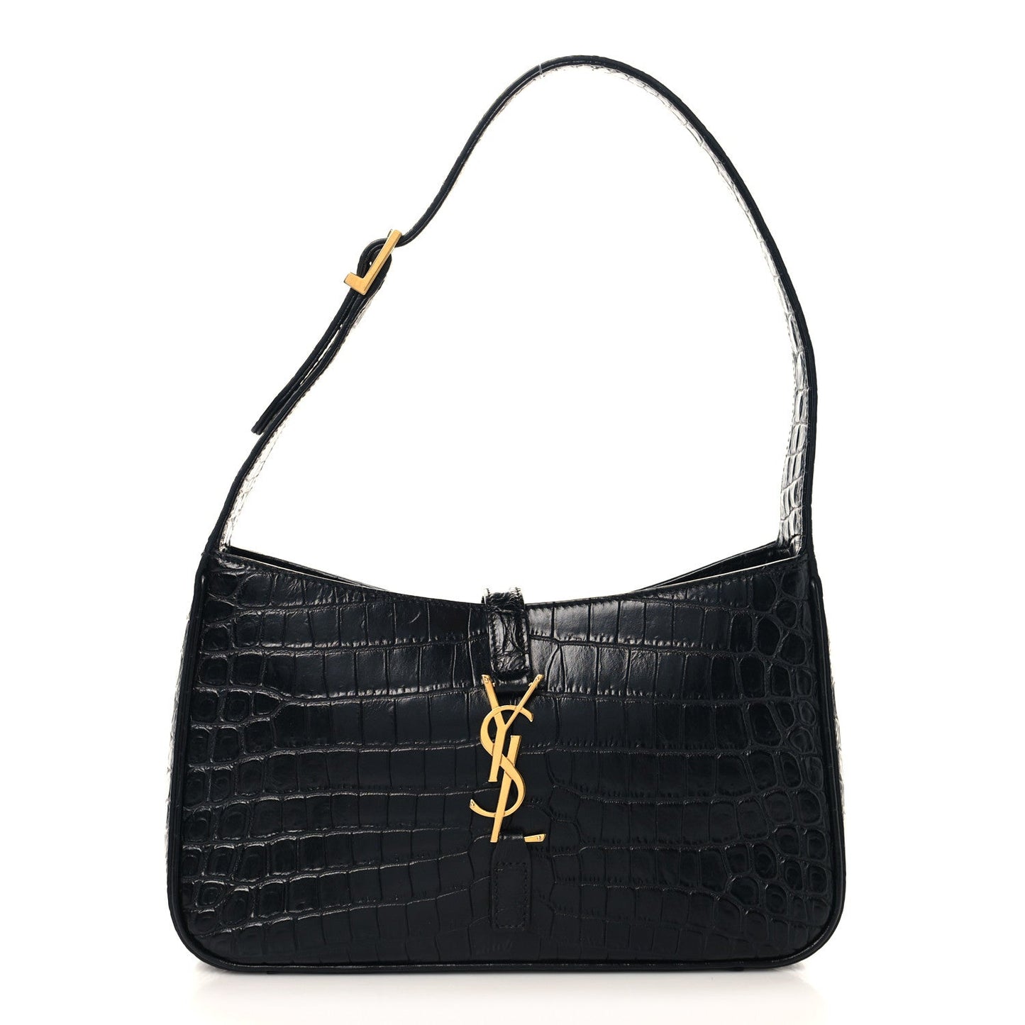 Black crocodile-embossed hobo shoulder bag with gold YSL logo at front