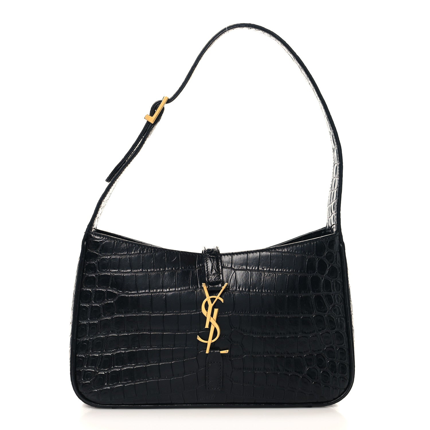 Black crocodile-embossed hobo shoulder bag with gold YSL logo at front