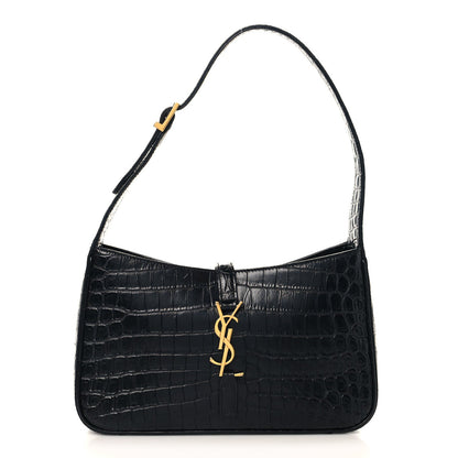 Black crocodile-embossed hobo shoulder bag with gold YSL logo at front
