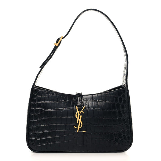 Black crocodile-embossed hobo shoulder bag with gold YSL logo at front