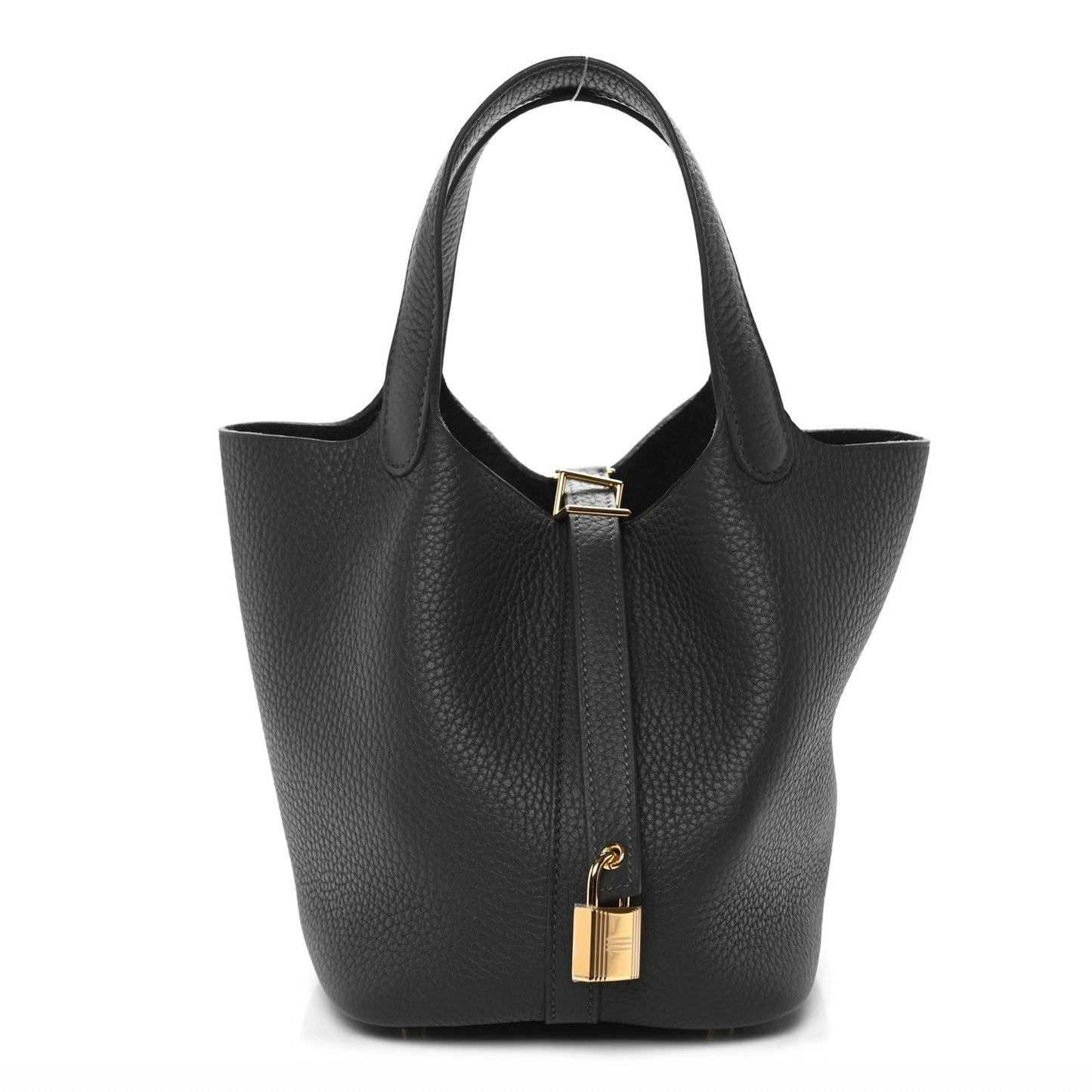 Mini leather tote bag, textured dark green with gold lock closure and top handles.