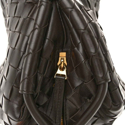 Nappa intrecciato weekender bag front zip pull, dark woven leather with gold hardware
