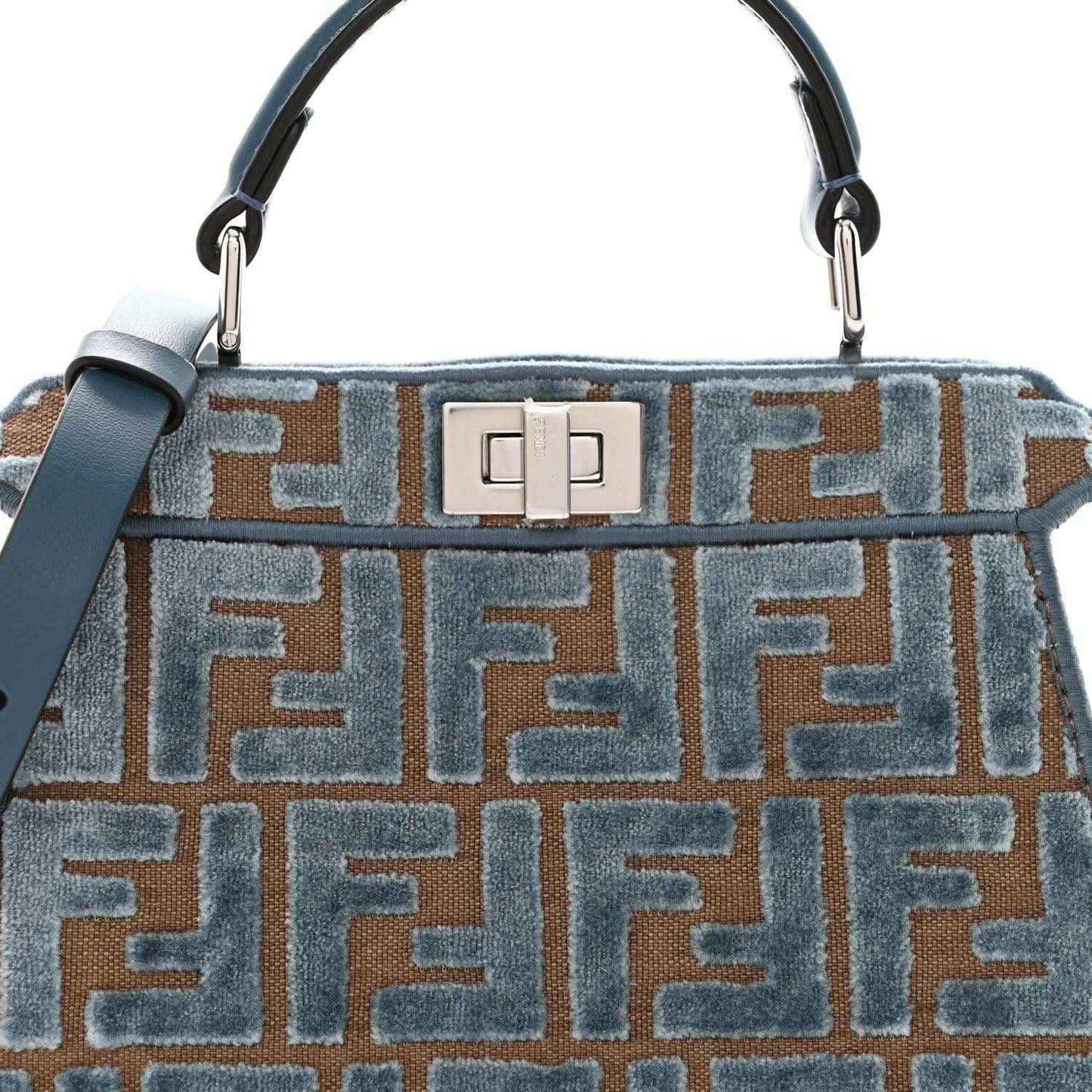 Small FF jacquard satchel with top handles, blue velvet and tan motif, front turn-lock