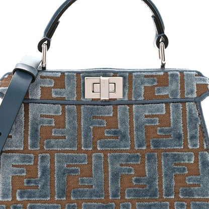 Small FF jacquard satchel with top handles, blue velvet and tan motif, front turn-lock