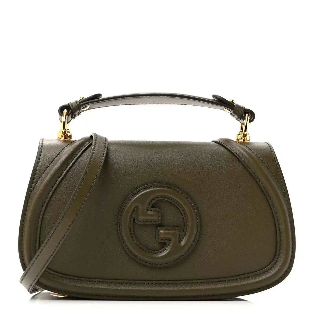 Dark green leather top-handle bag with gold-tone hardware and embossed interlocking G