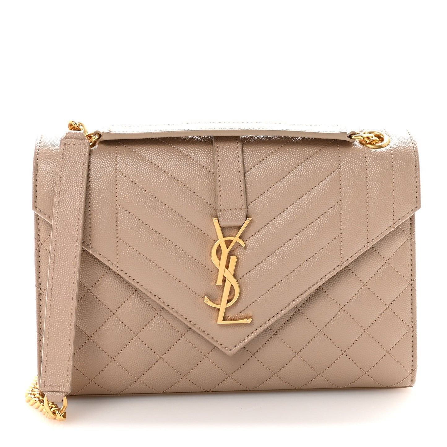 Medium quilted satchel bag in dark beige with gold-tone chain strap and YSL monogram clasp.