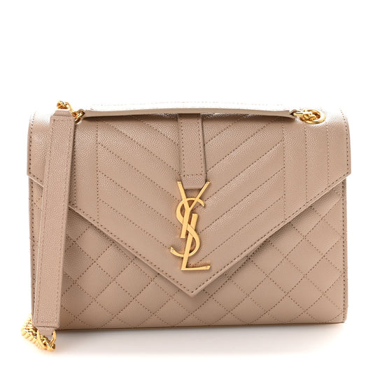 Medium quilted satchel bag in dark beige with gold-tone chain strap and YSL monogram clasp.