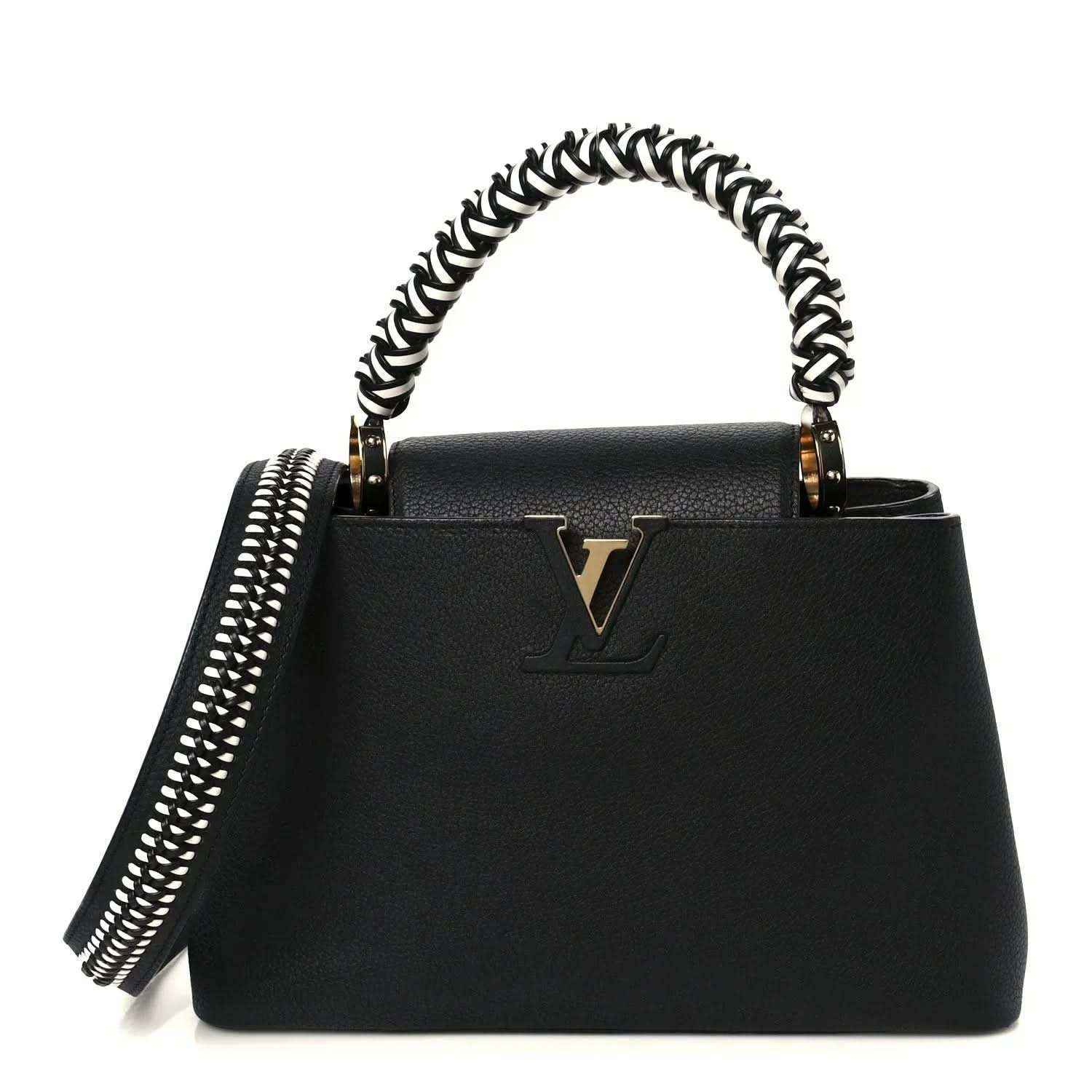 Black leather tote handbag with top handle and braided chain strap
