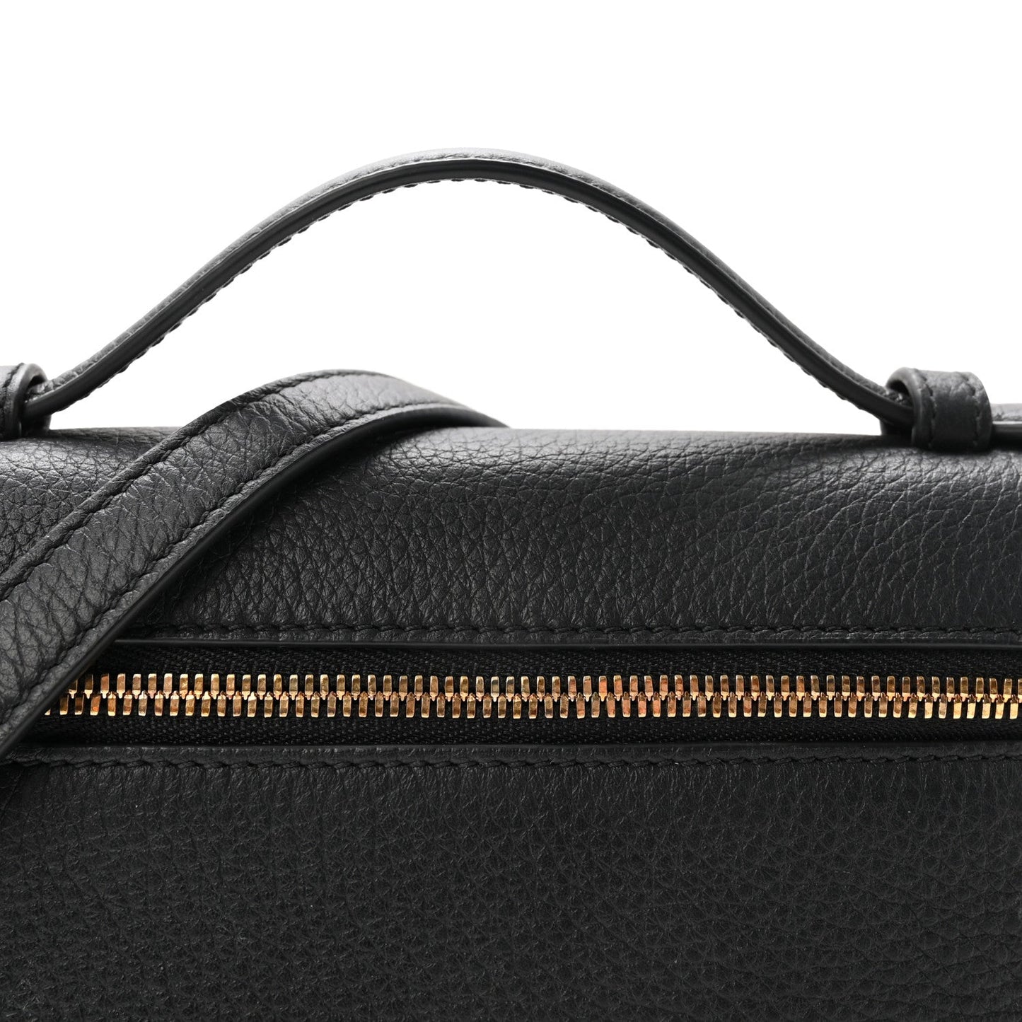 Loro Piana pouch top edge with black handle and gold-tone zipper