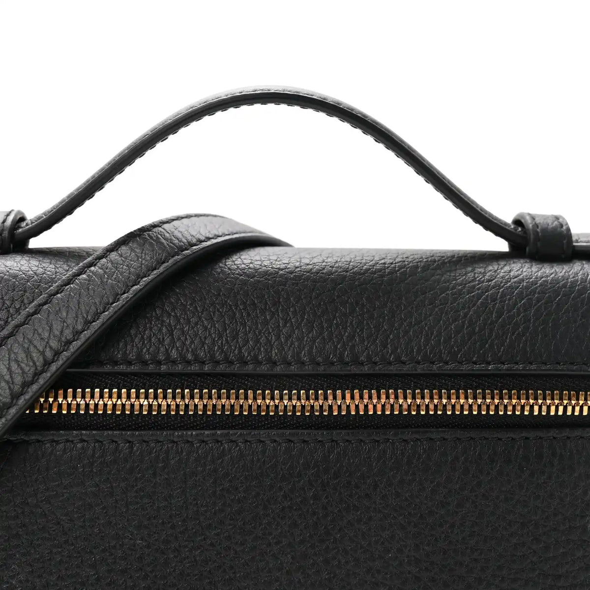 Loro Piana pouch top edge with black handle and gold-tone zipper