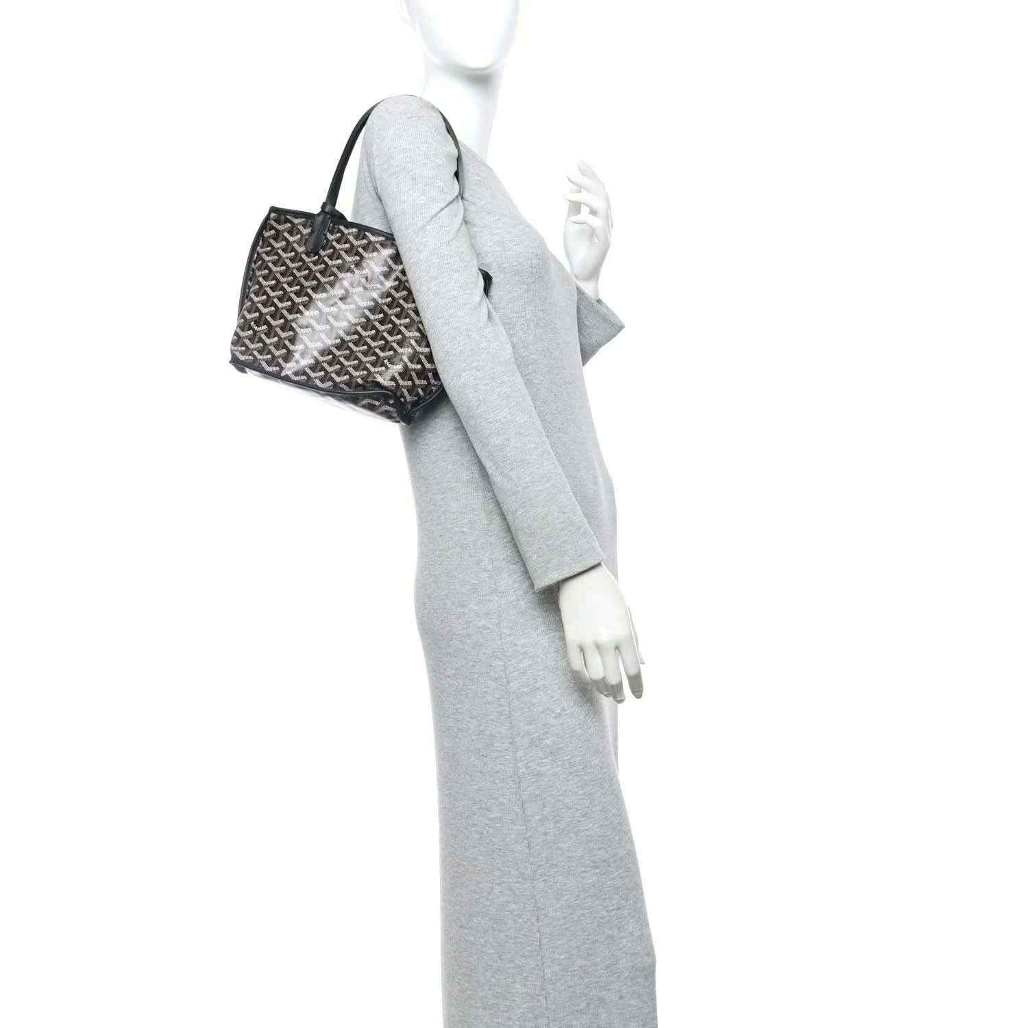 Reversible Goyard mini Anjou tote bag with gray fabric and a patterned side pouch