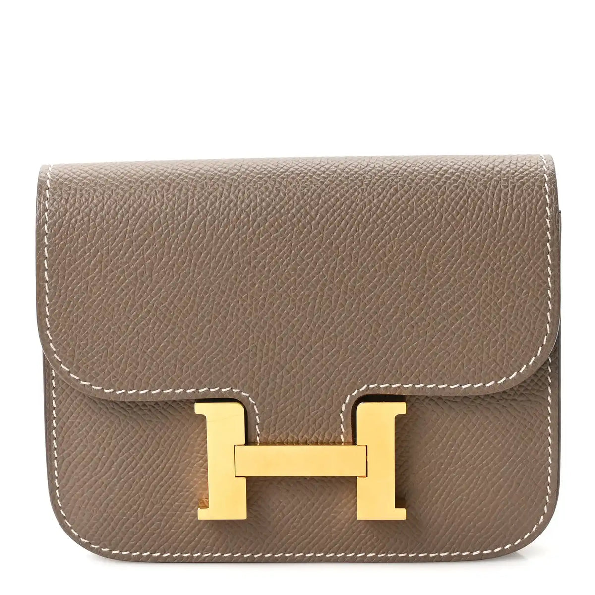 Hermes Constance slim wallet in etoupe textured leather with gold H clasp