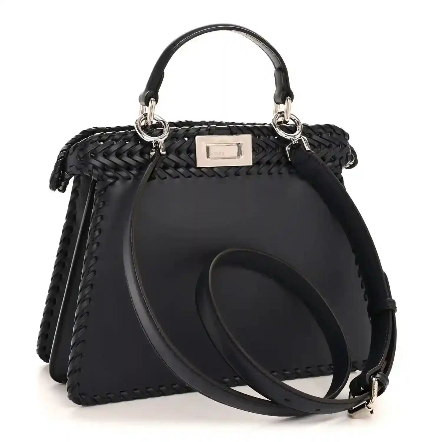 Nappa satchel with woven front, top handles, and adjustable crossbody strap