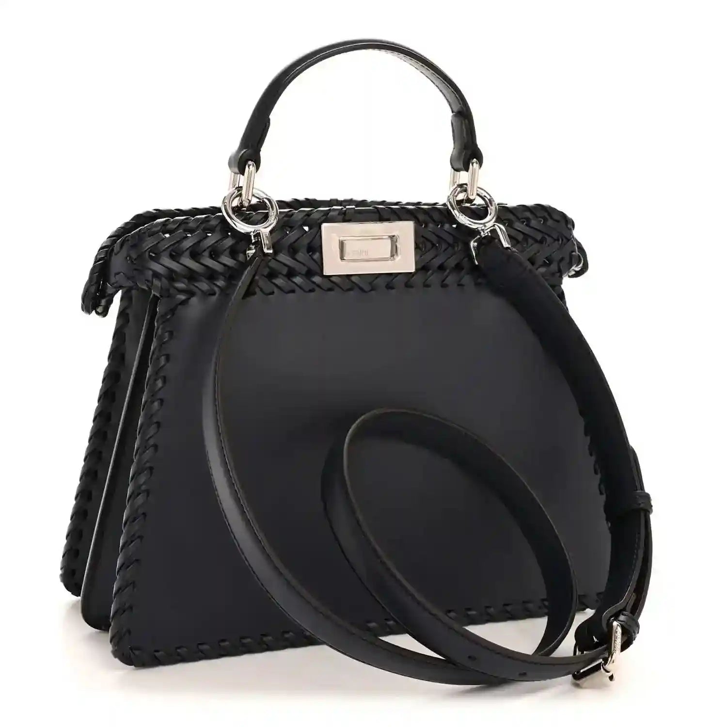 Nappa satchel with woven front, top handles, and adjustable crossbody strap