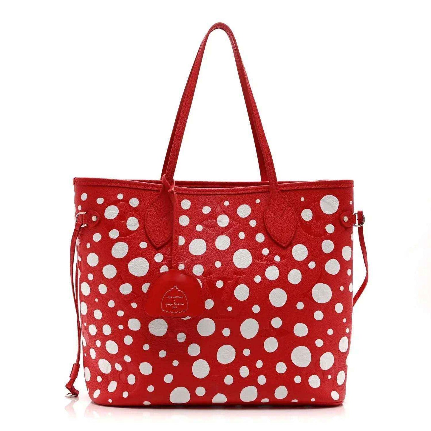 Red polka-dot Neverfull-style tote bag with top handles and side pocket details