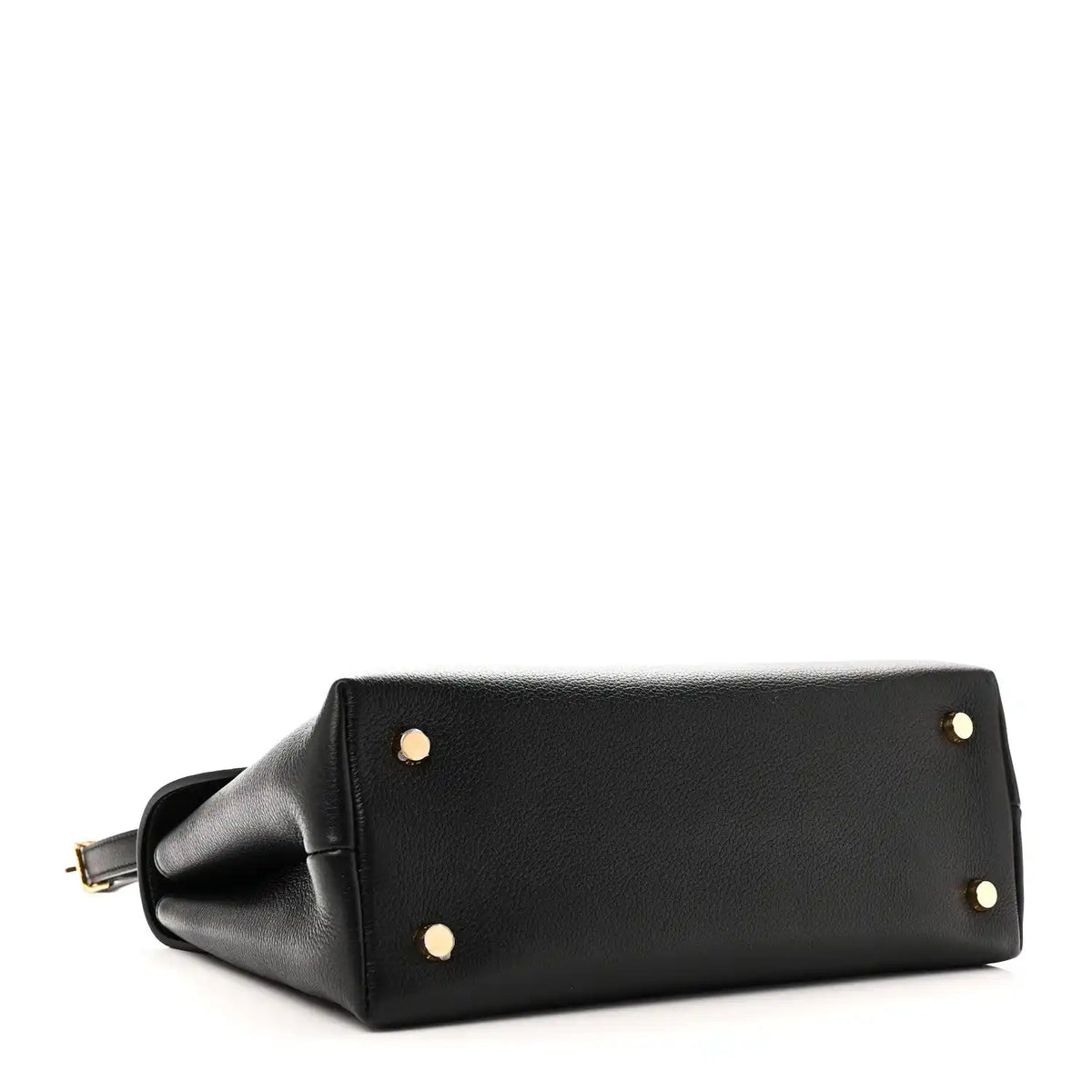 Black leather handbag bottom corner with gold studs and attached strap loop