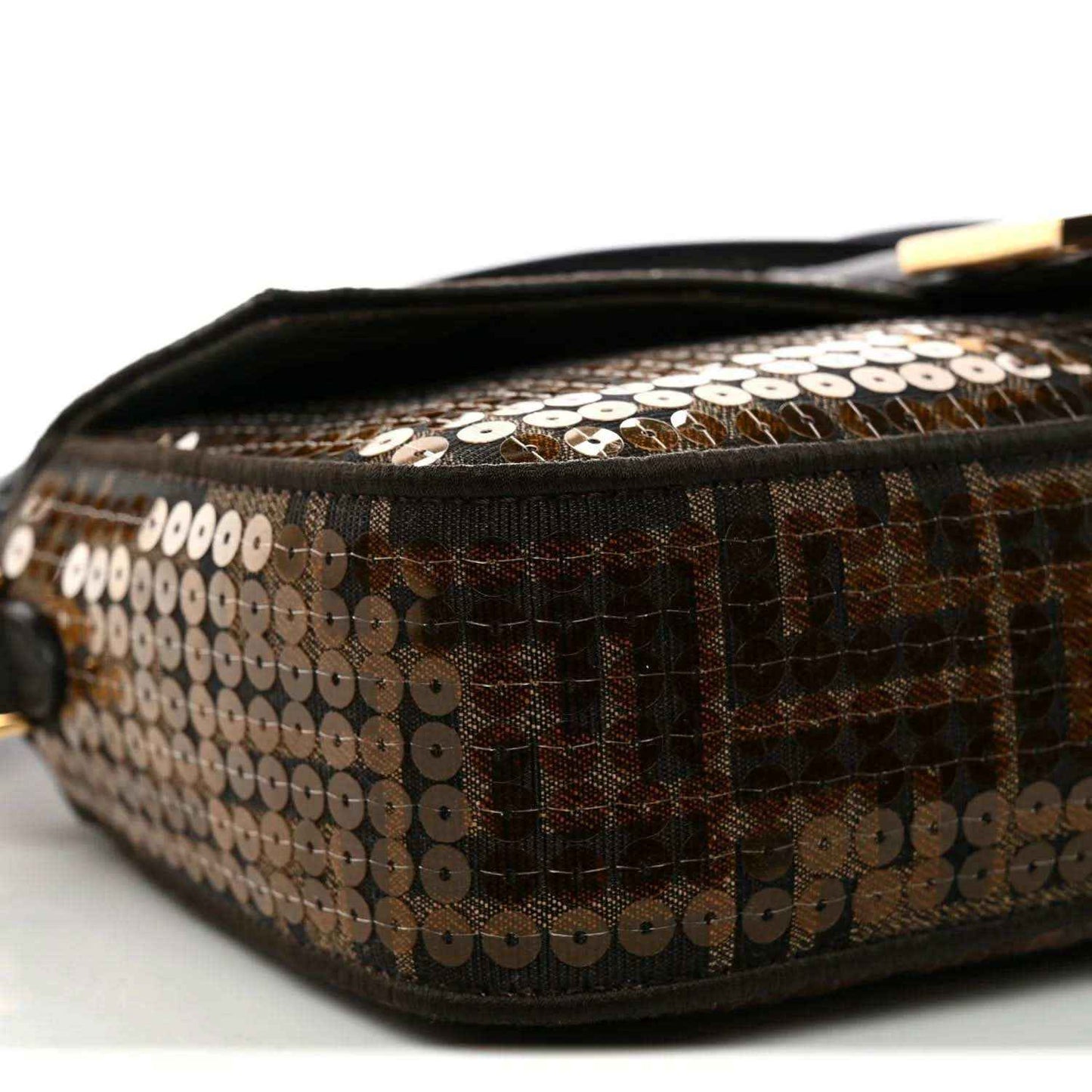 Fendi baguette bag end panel close-up with brown sequin jacquard pattern