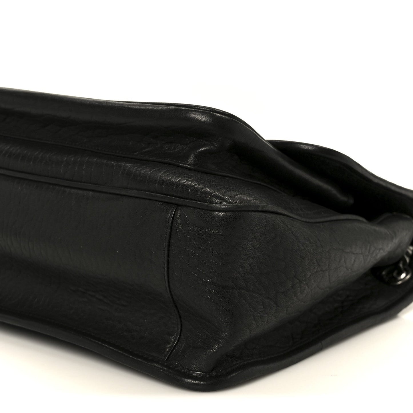 Black grained lambskin satchel with curved flap and metal hardware corner