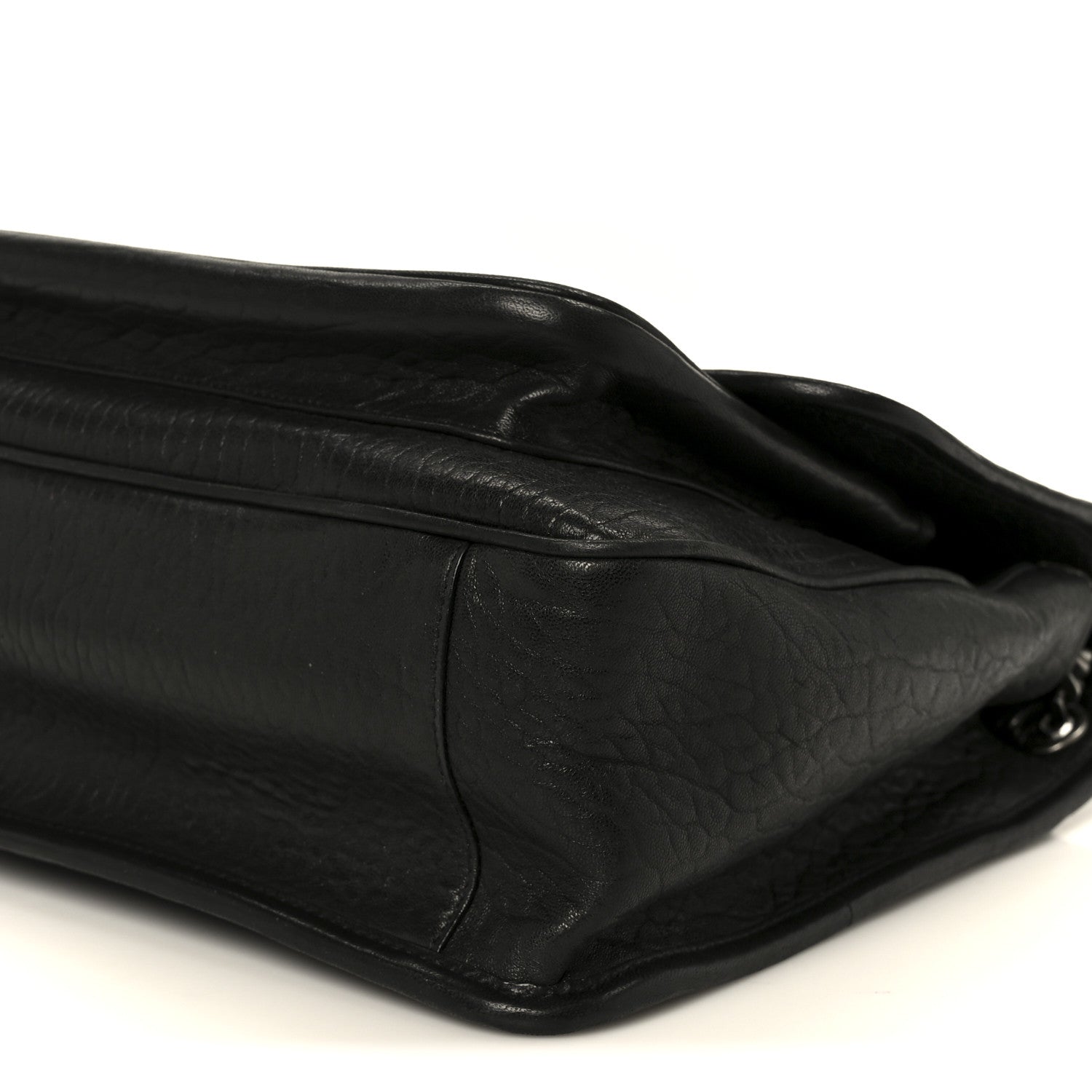 Black grained lambskin satchel with curved flap and metal hardware corner