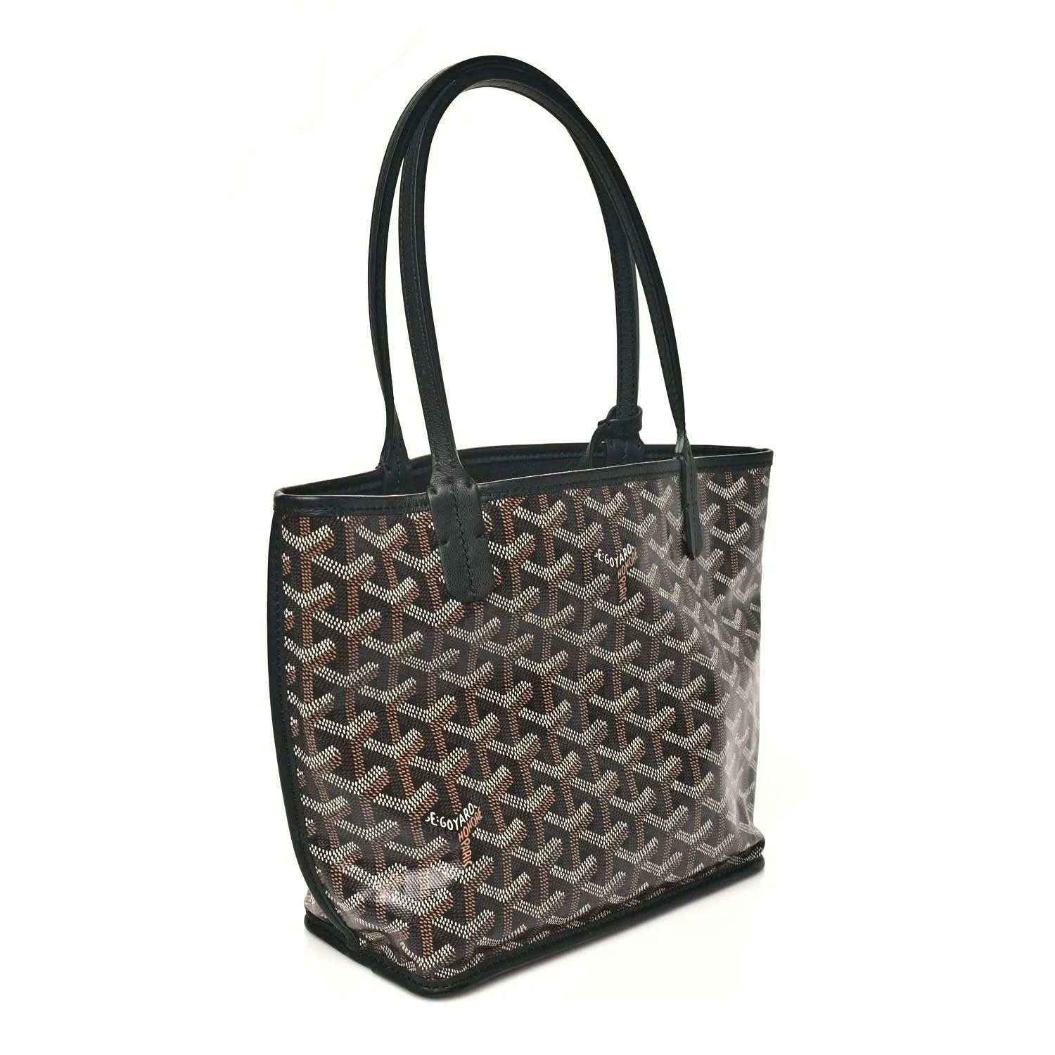 Goyard monogram mini tote bag with black handles and visible side profile.