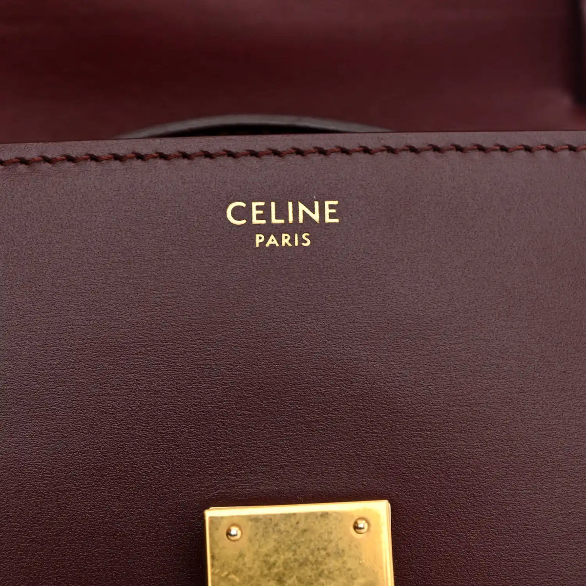 Burgundy leather back panel with stitched edge and gold-tone clasp plate detail.