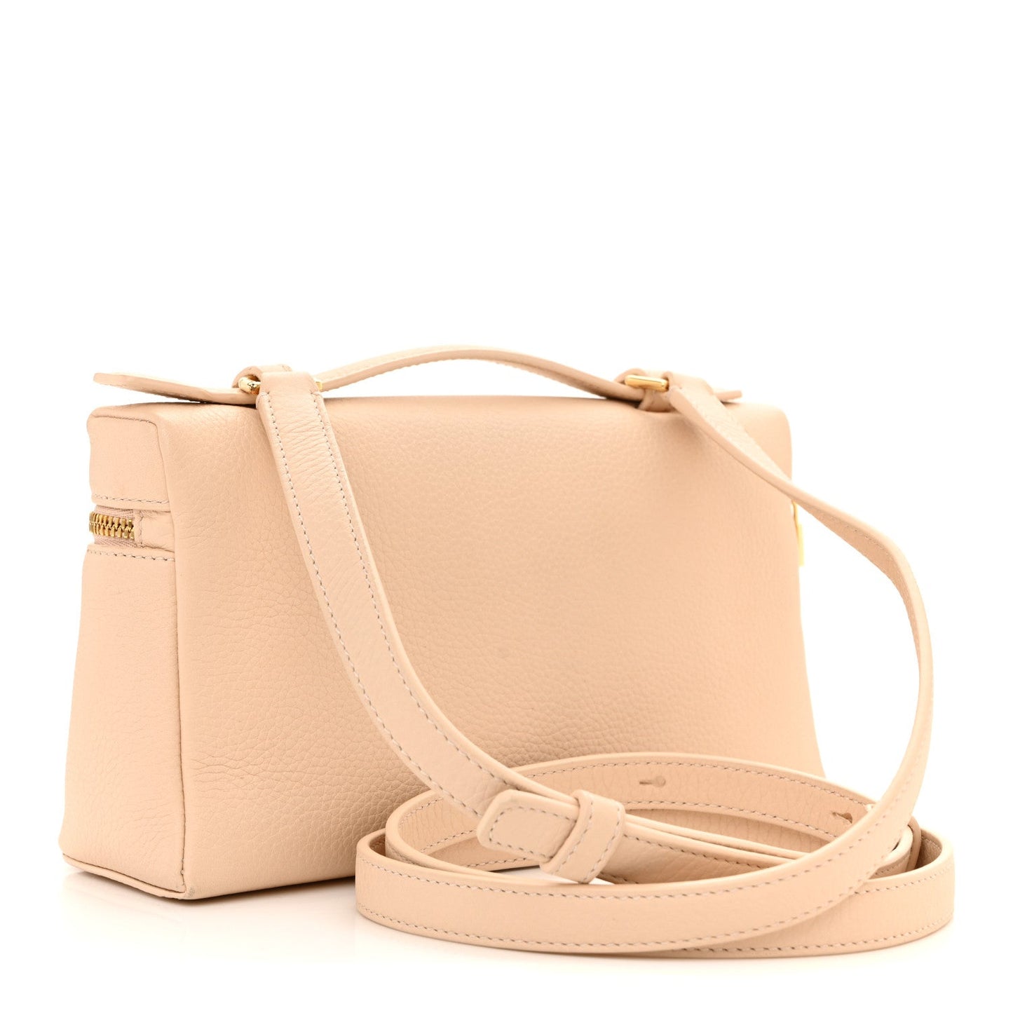 Cream grained leather pouch with crossbody strap and gold zip trim