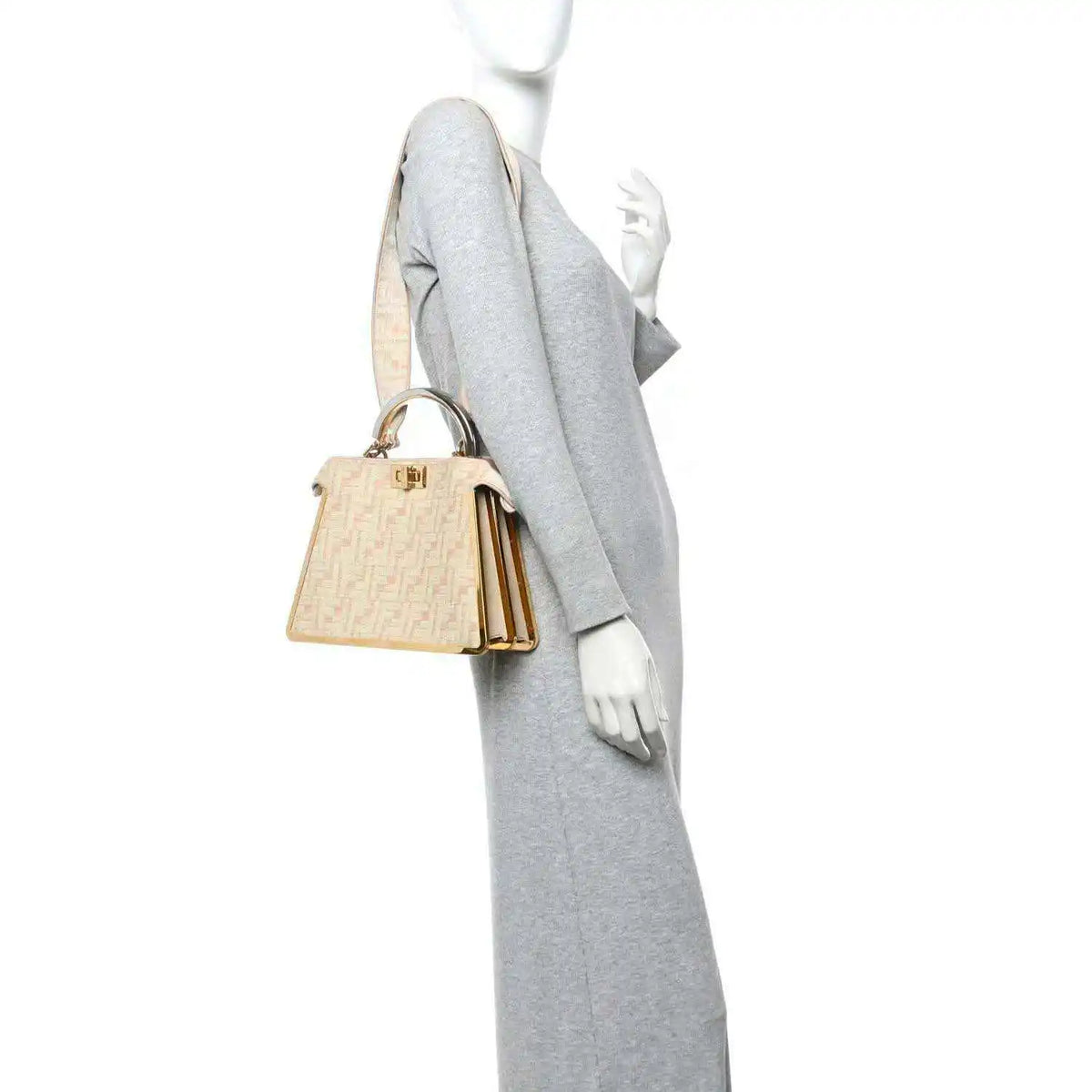 Fendi small Peekaboo satchel bag with light beige FF canvas and gold side hardware, crossbody strap