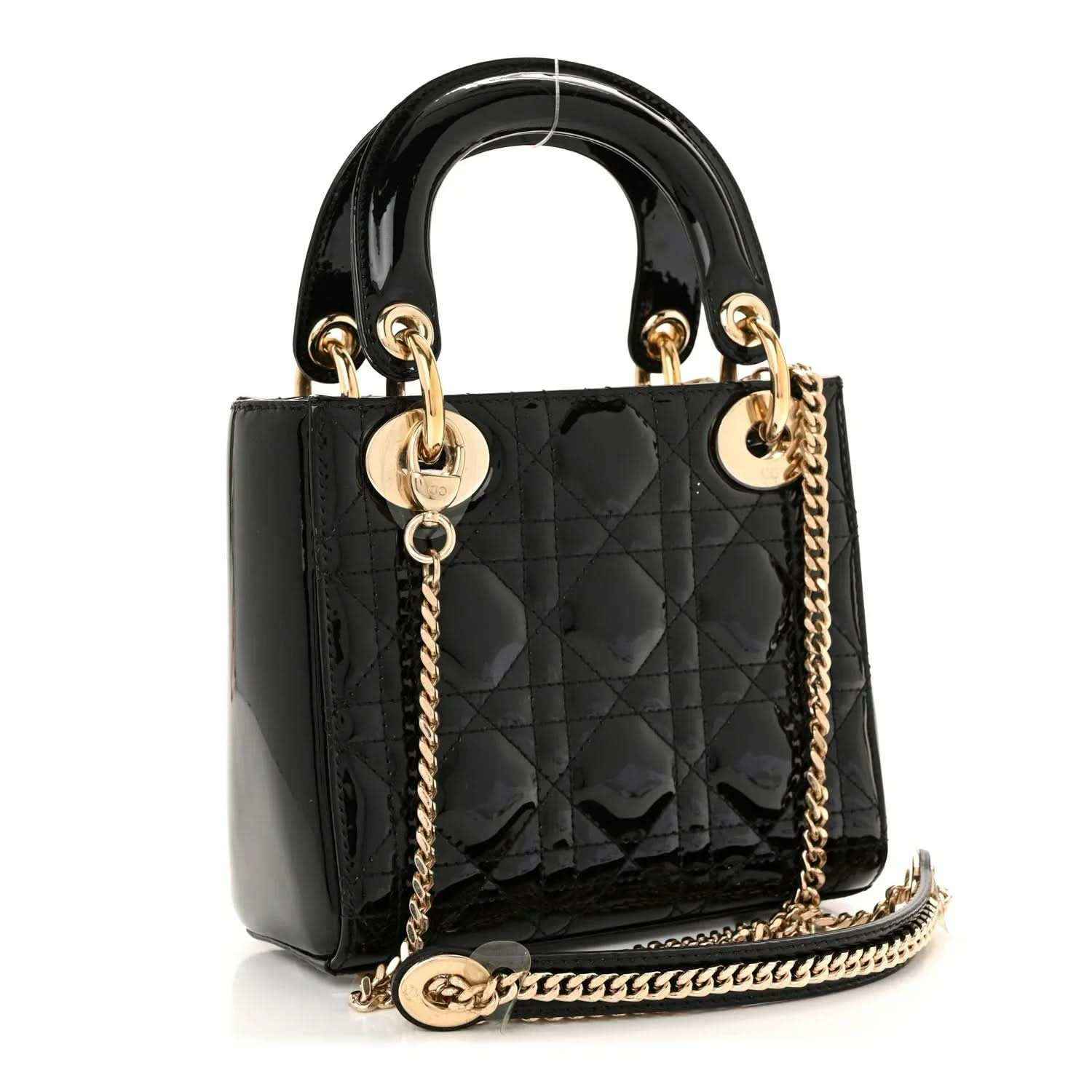 Black patent mini Lady Dior handbag with quilted cannage pattern and gold chain strap