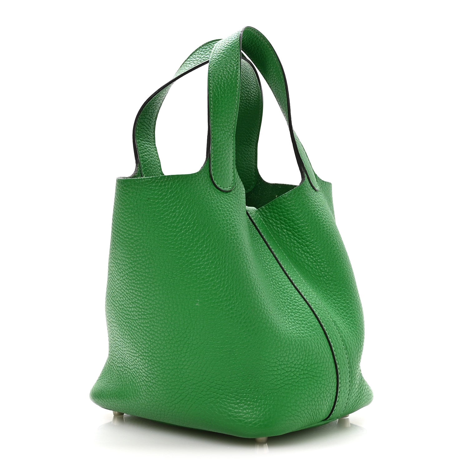 Green leather tote bag with side seam detail and top handles