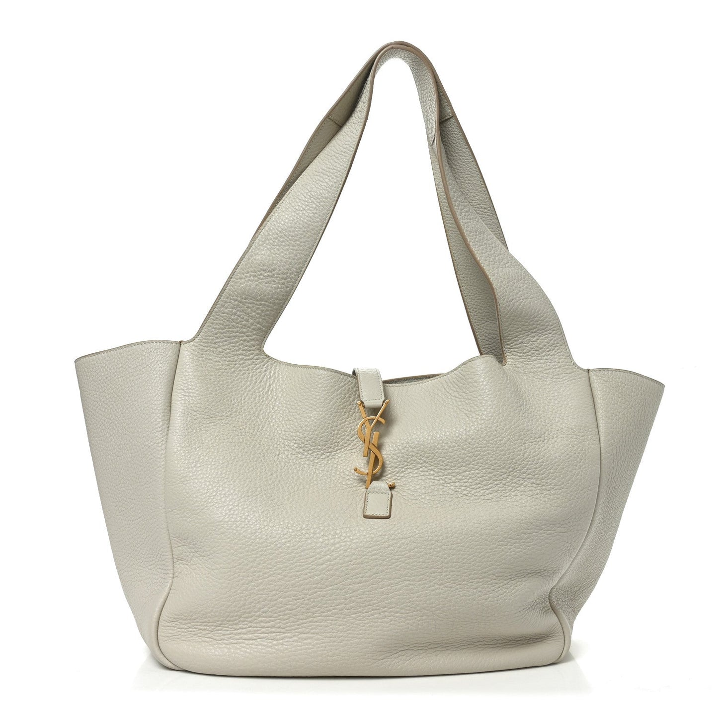 White grained leather tote bag with top handles and YSL charm key fob