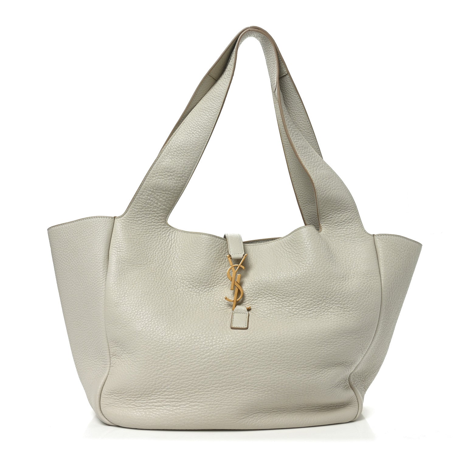 White grained leather tote bag with top handles and YSL charm key fob
