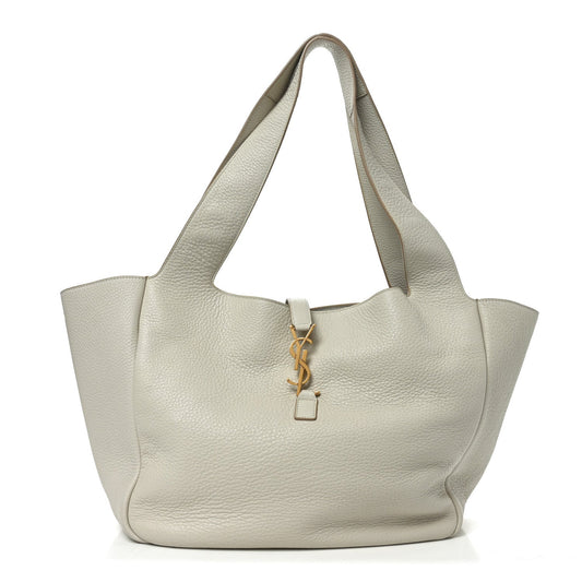 White grained leather tote bag with top handles and YSL charm key fob