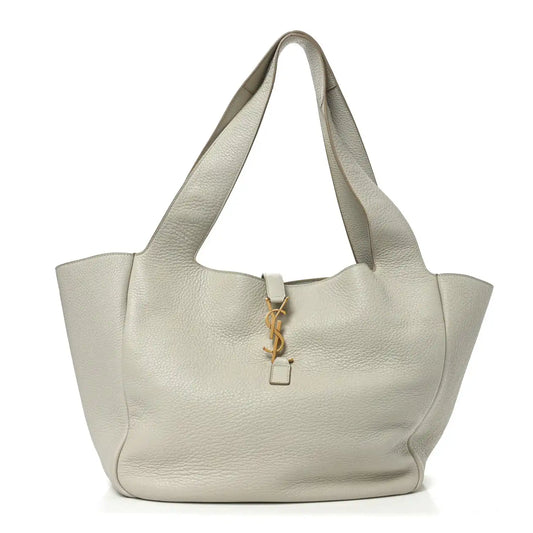 White grained leather tote bag with top handles and YSL charm key fob
