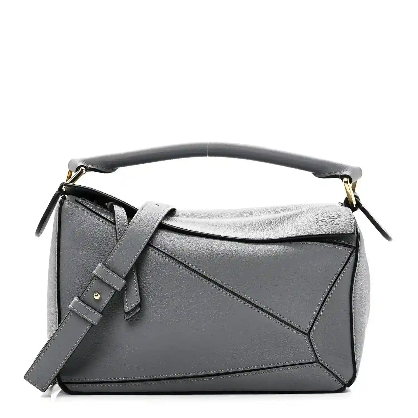 Small puzzle bag in dark gray soft grained leather with top handle and shoulder strap