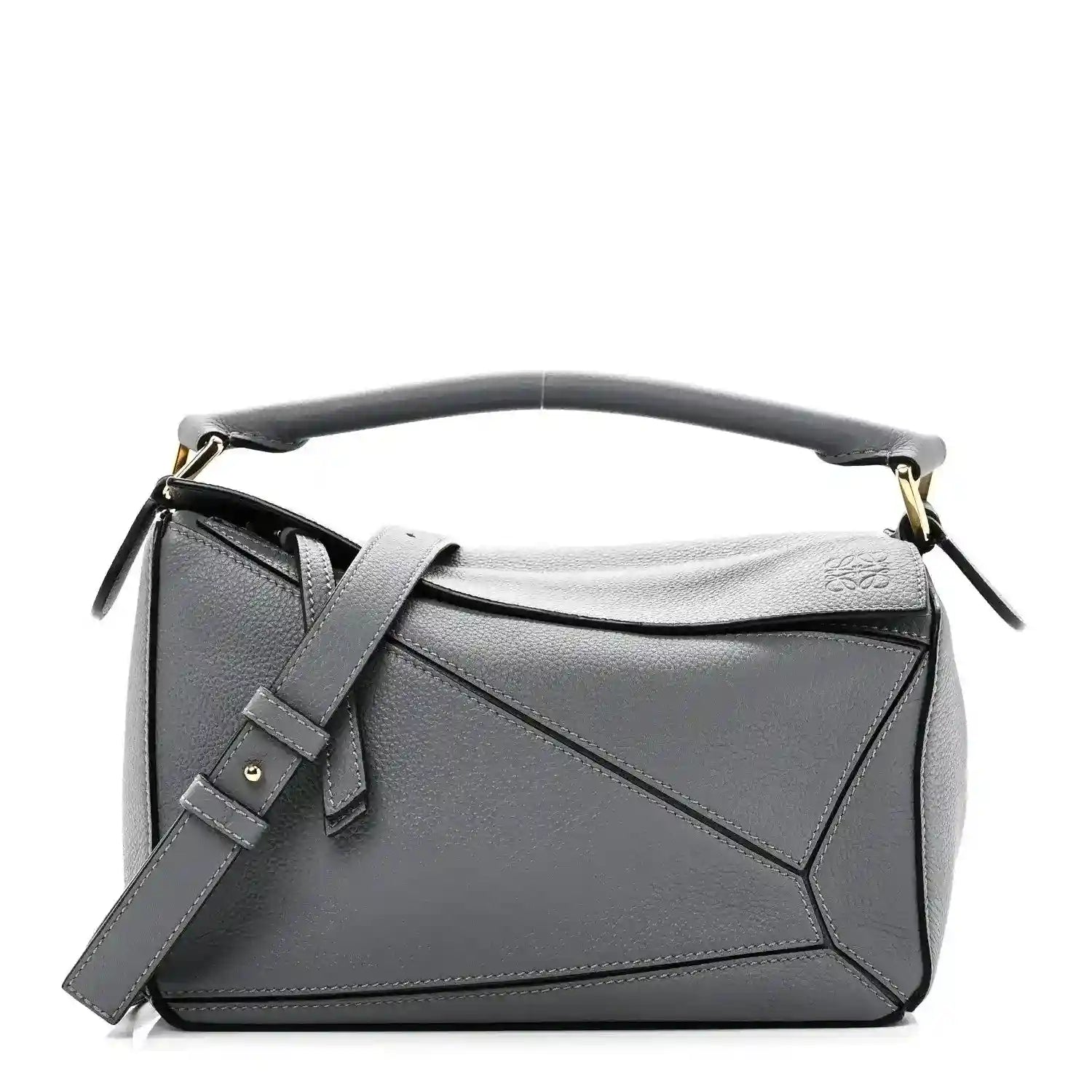 Small puzzle bag in dark gray soft grained leather with top handle and shoulder strap