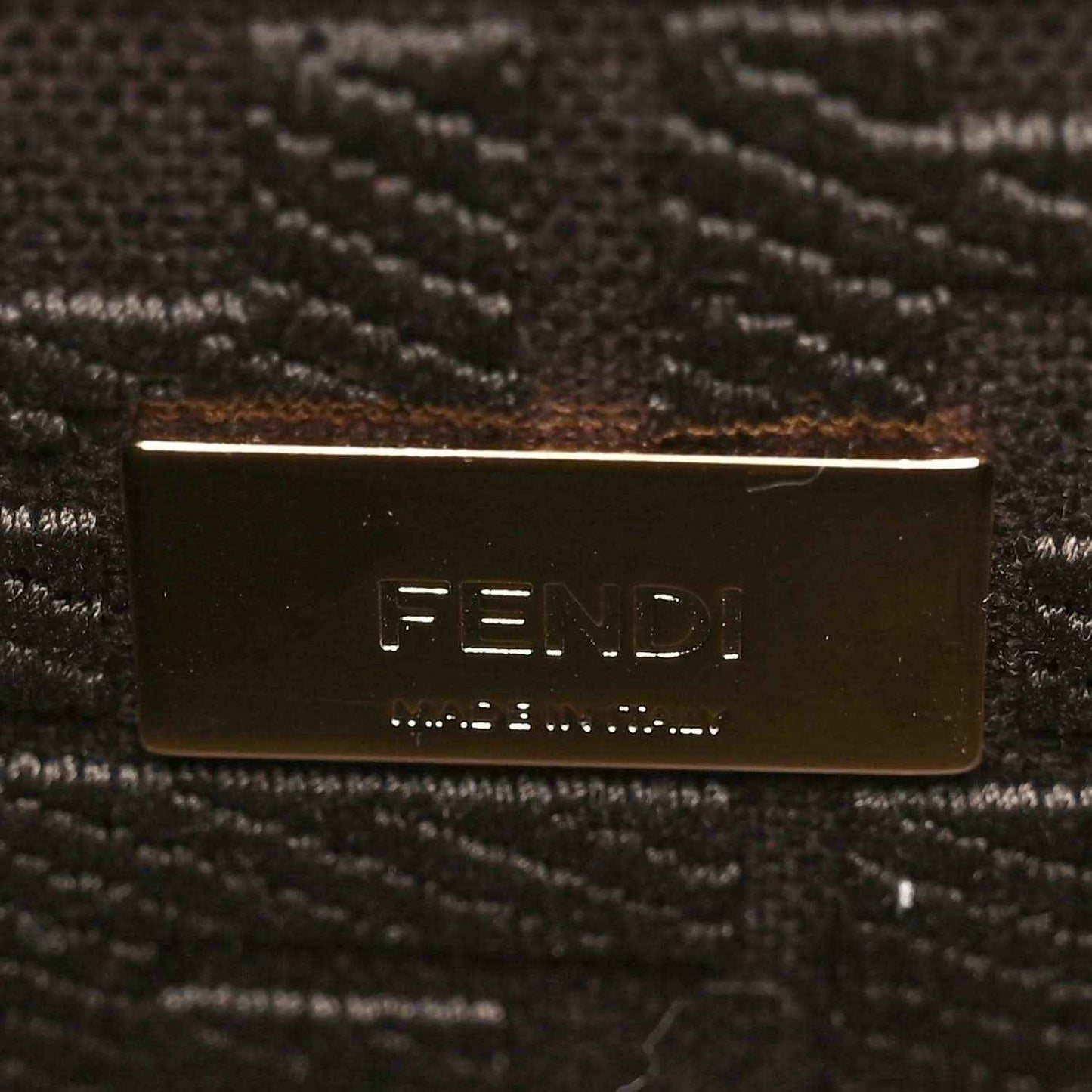 Fendi logo plate on dark brown fabric lining.