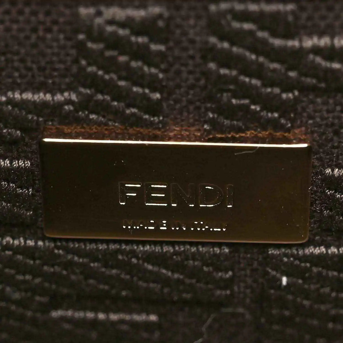 Fendi logo plate on dark brown fabric lining.
