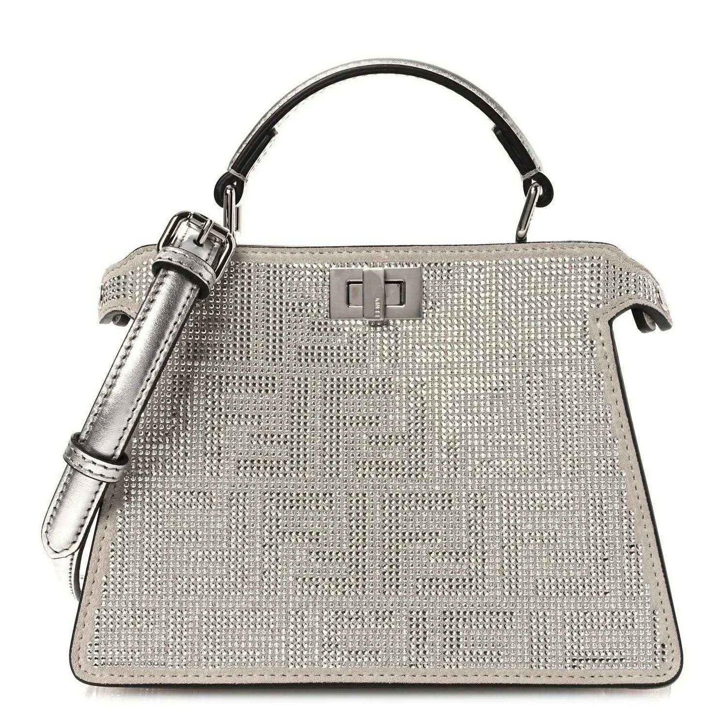 Silver crystal leather mini satchel with top handles and central clasp