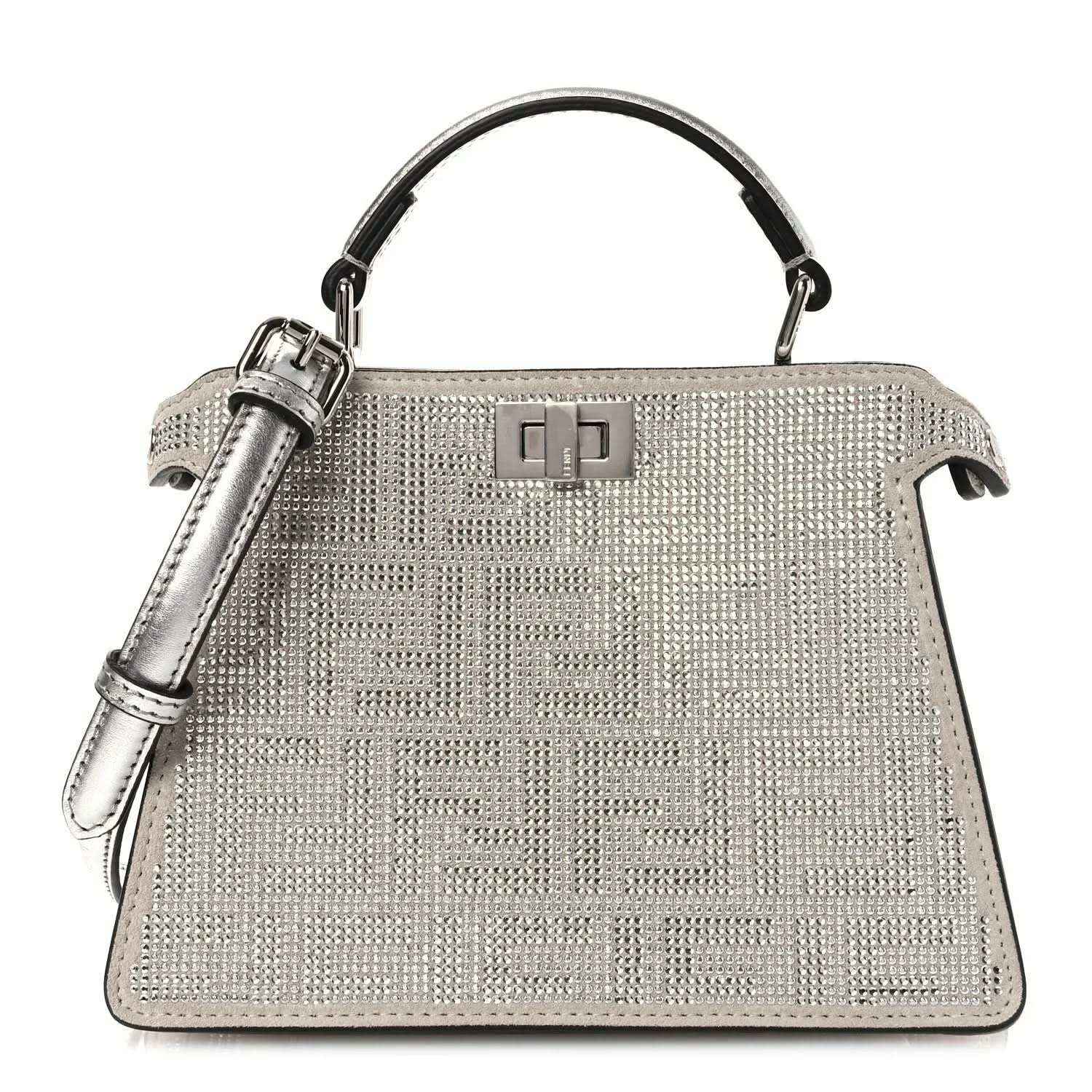 Silver crystal leather mini satchel with top handles and central clasp