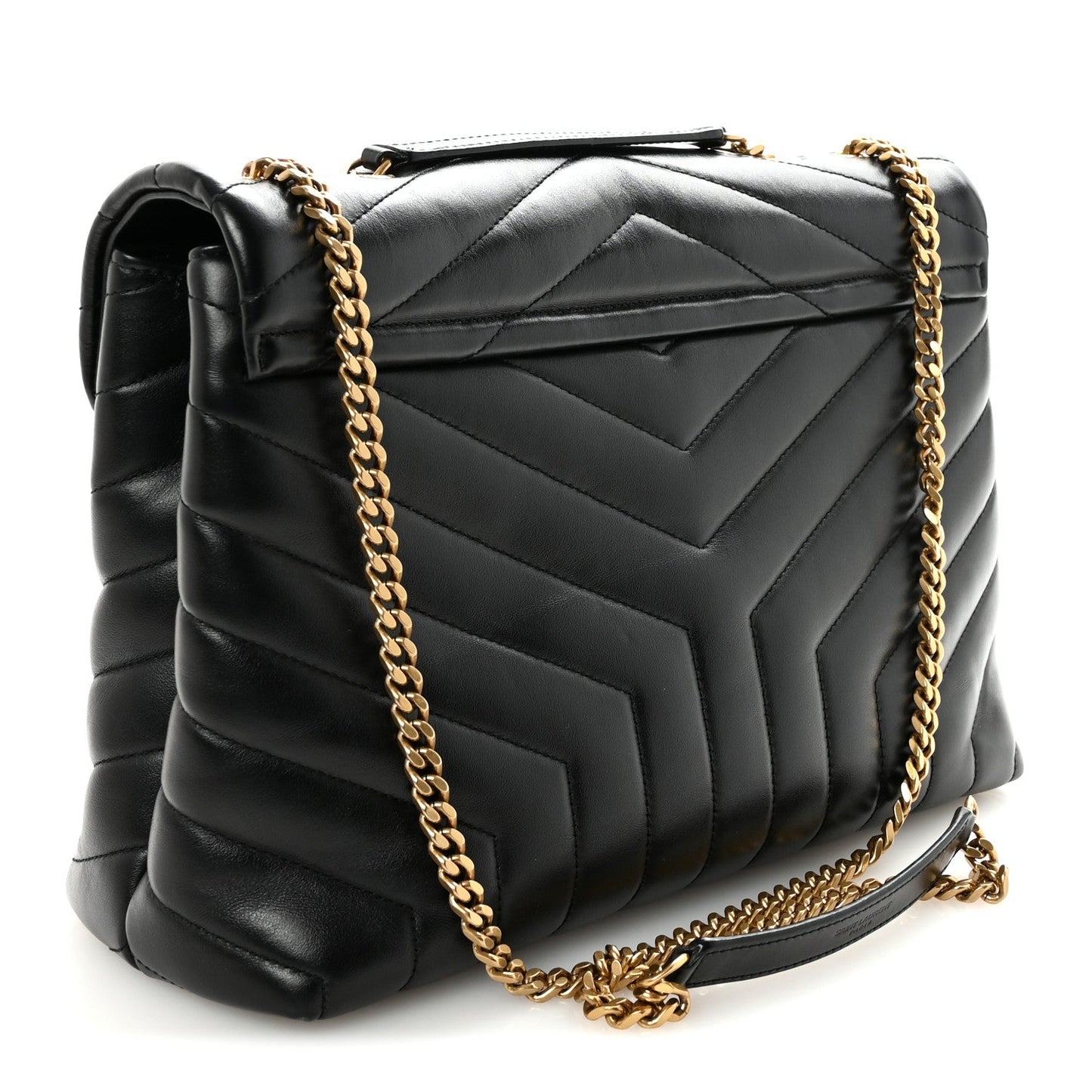 Black quilted satchel with gold chain strap and top handle.