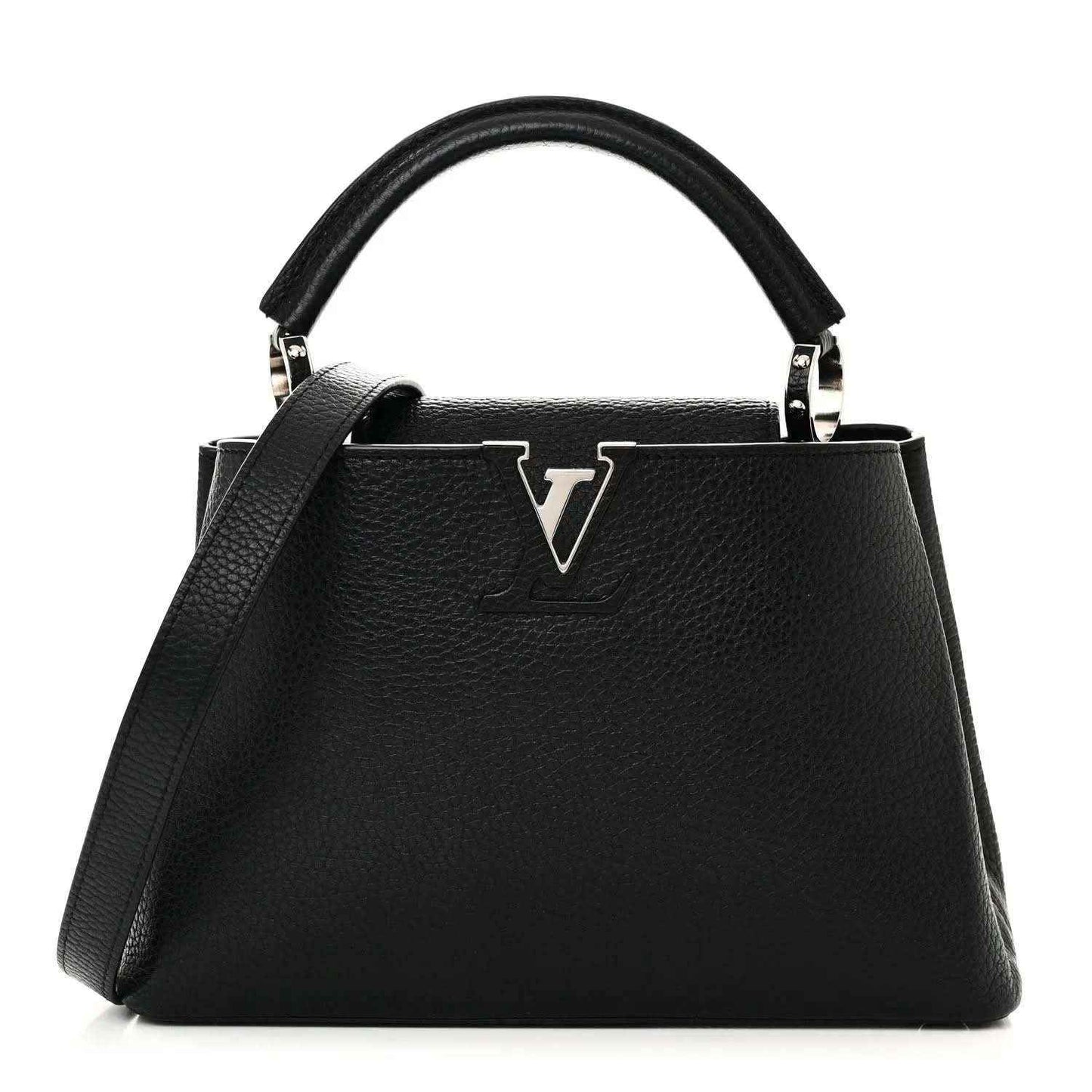 Black leather handbag with top handles and LV emblem front detail