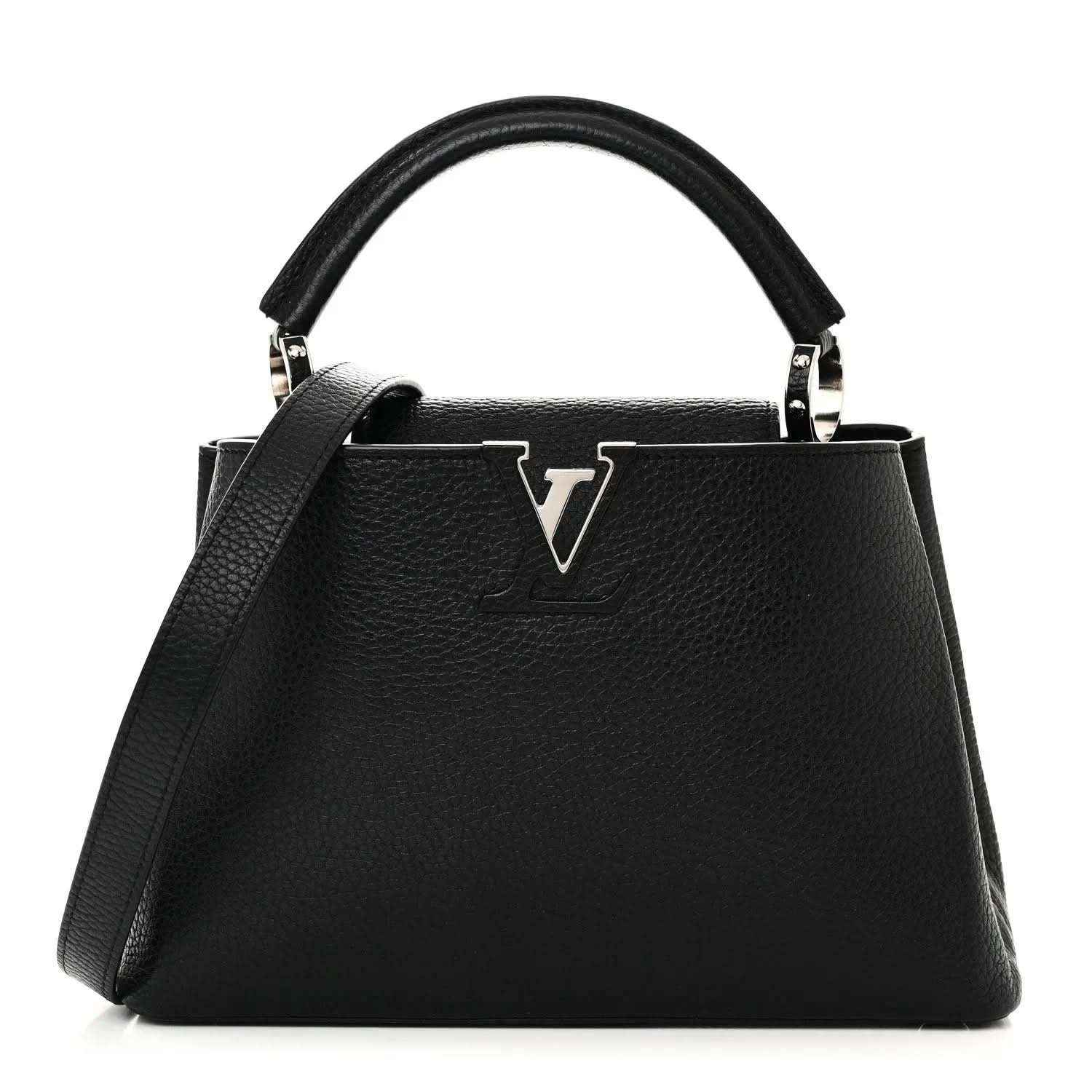 Black leather handbag with top handles and LV emblem front detail
