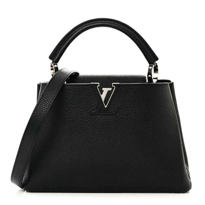 Black leather handbag with top handles and LV emblem front detail