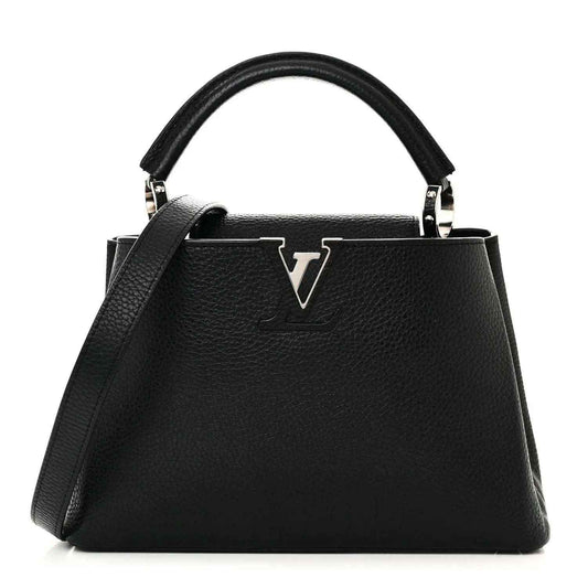 Black leather handbag with top handles and LV emblem front detail