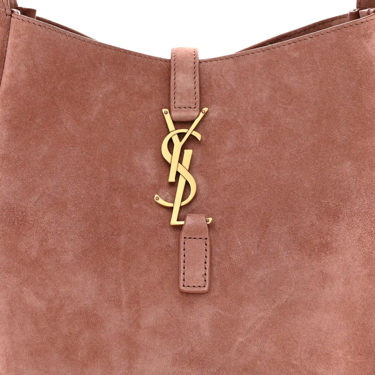 Small suede hobo bag front with YSL logo charm and top handle strap