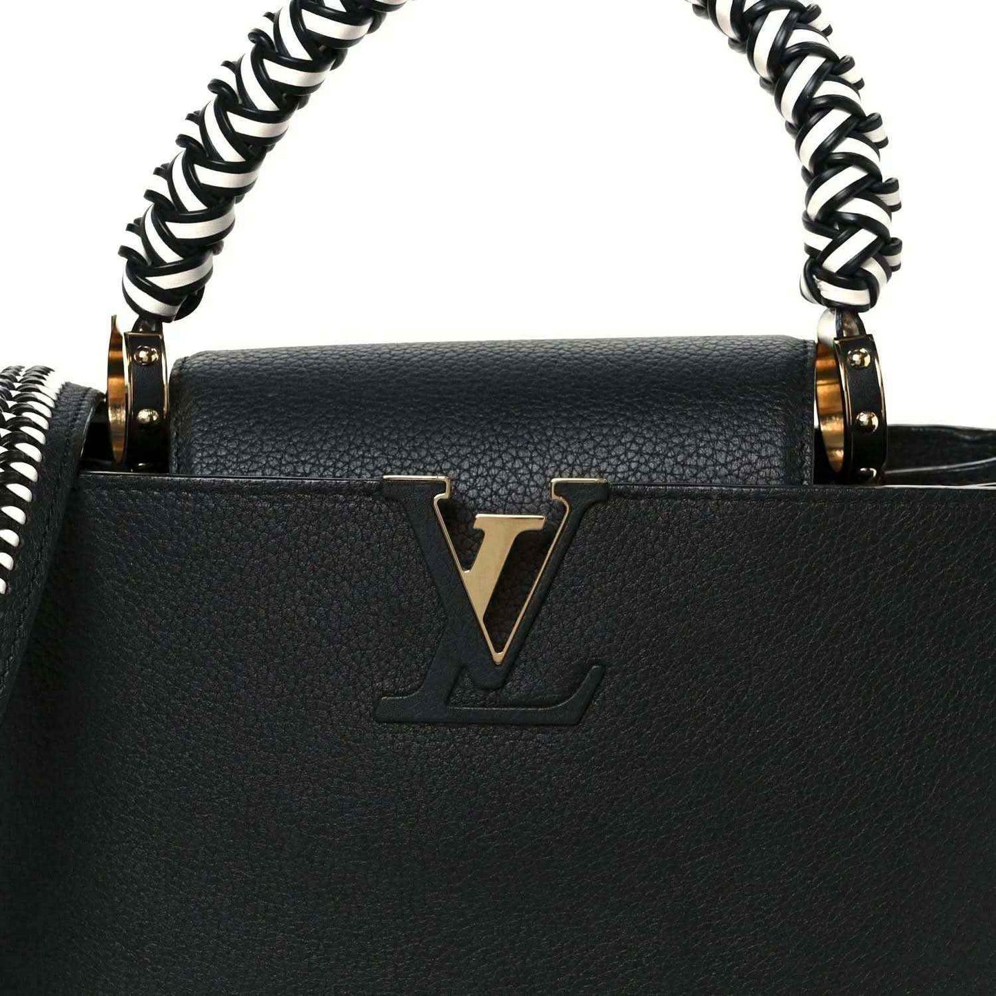 Black leather handbag front with gold LV emblem and braided chain handles
